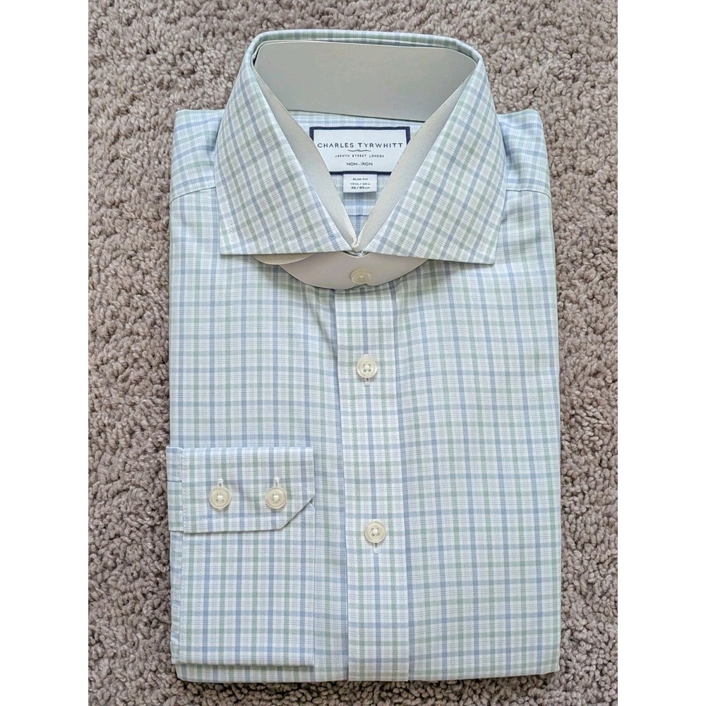 Charles Tyrwhitt Shirt 15.5/35 Green & Sky Check Non-Iron Slim Fit Button Up NWT
